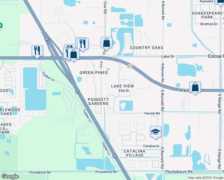 map of restaurants, bars, coffee shops, grocery stores, and more near 3909 Magnolia Court in Cocoa