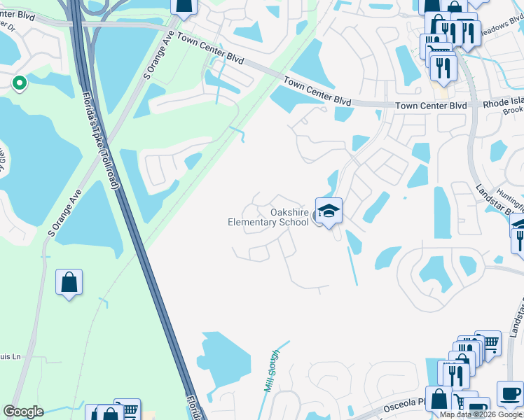 map of restaurants, bars, coffee shops, grocery stores, and more near 607 Whispering Cypress Lane in Orlando