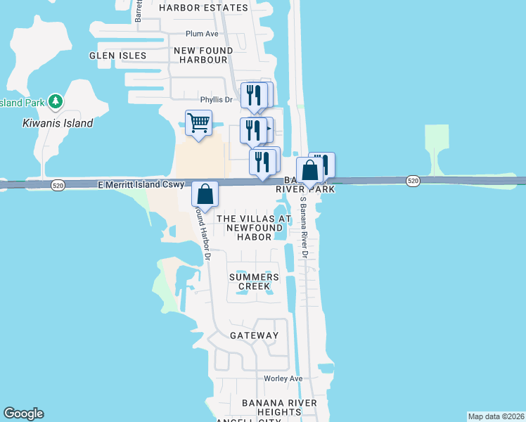 map of restaurants, bars, coffee shops, grocery stores, and more near 65 Walter Court in Merritt Island