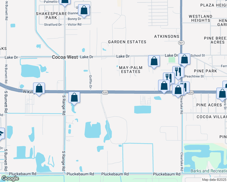 map of restaurants, bars, coffee shops, grocery stores, and more near 2091 West King Street in Cocoa
