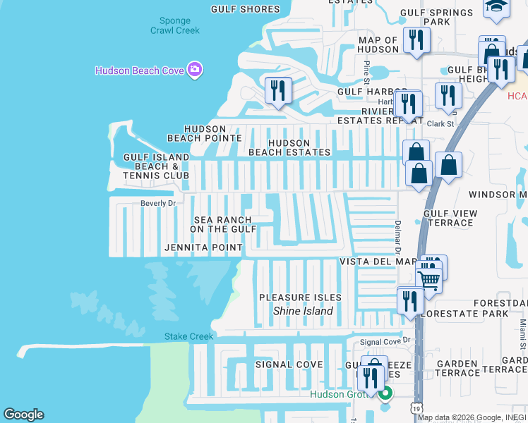 map of restaurants, bars, coffee shops, grocery stores, and more near 13630 Lagoon Drive in Hudson