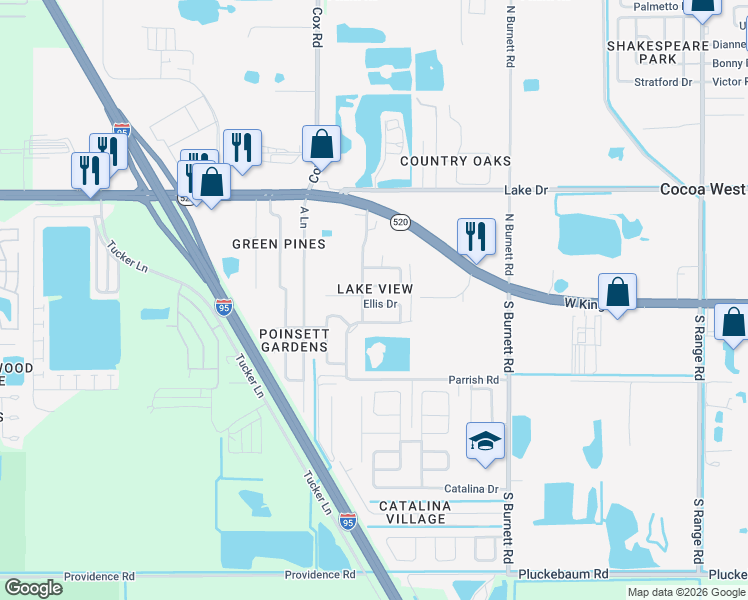 map of restaurants, bars, coffee shops, grocery stores, and more near 3830 Ellis Drive in Cocoa