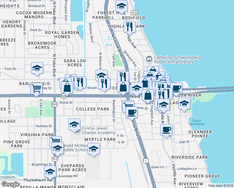 map of restaurants, bars, coffee shops, grocery stores, and more near in Cocoa