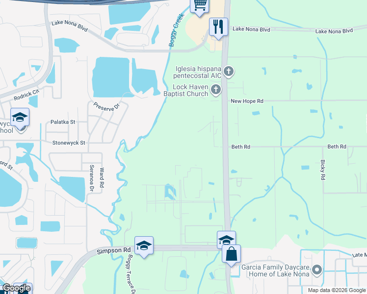 map of restaurants, bars, coffee shops, grocery stores, and more near 14314 Boggy Creek Road in Orlando