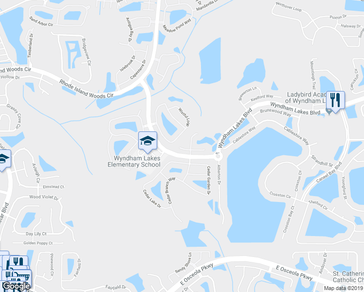 map of restaurants, bars, coffee shops, grocery stores, and more near 2119 Meadow Vista Court in Orlando