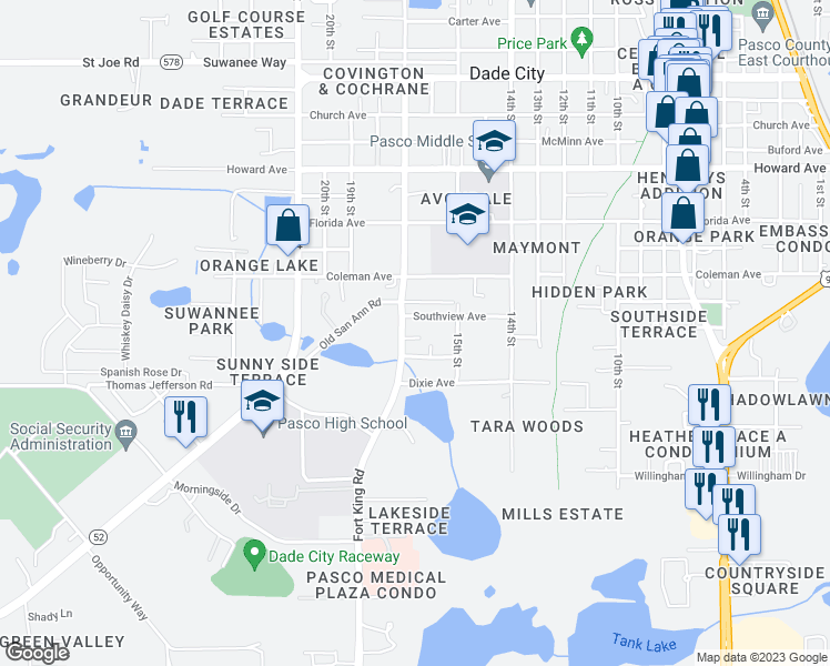 map of restaurants, bars, coffee shops, grocery stores, and more near 37244 Embassy Park Court in Dade City