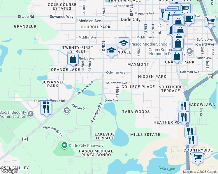 map of restaurants, bars, coffee shops, grocery stores, and more near 37306 Embassy Park Lane in Dade City