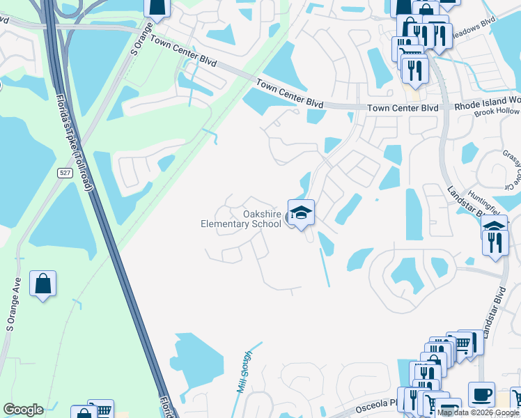 map of restaurants, bars, coffee shops, grocery stores, and more near 1037 Raining Meadows Lane in Orlando