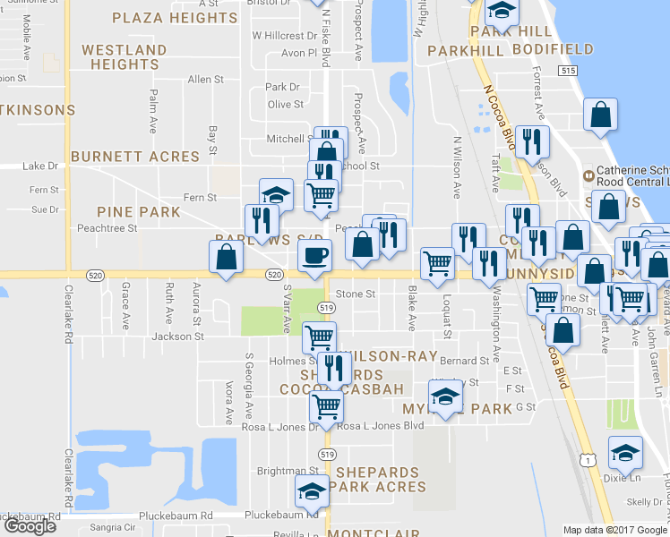 map of restaurants, bars, coffee shops, grocery stores, and more near 922 West King Street in Cocoa