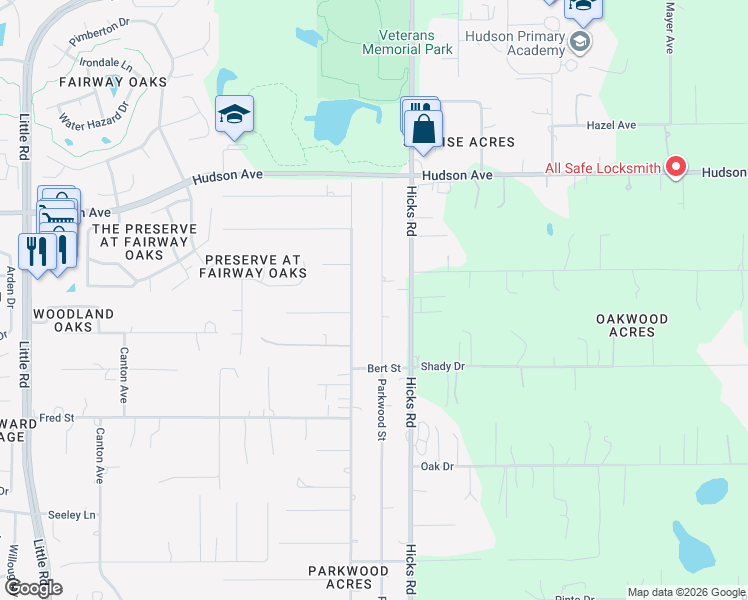 map of restaurants, bars, coffee shops, grocery stores, and more near 13635 Parkwood Street in Hudson