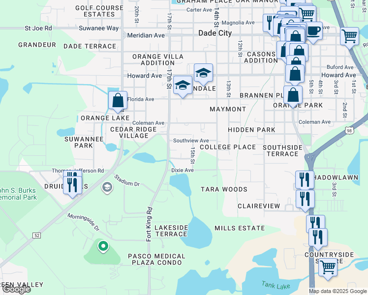map of restaurants, bars, coffee shops, grocery stores, and more near 13616 Embassy Park Court in Dade City