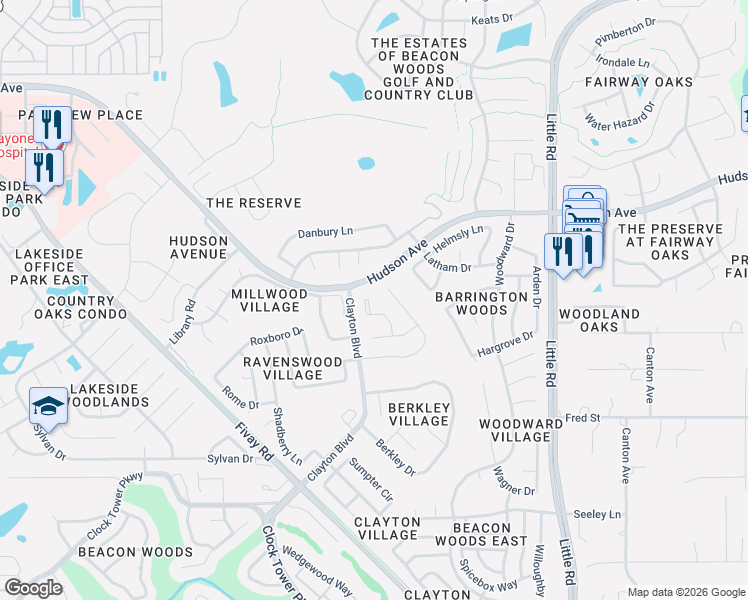 map of restaurants, bars, coffee shops, grocery stores, and more near 13642 Dunwoody Court in Hudson