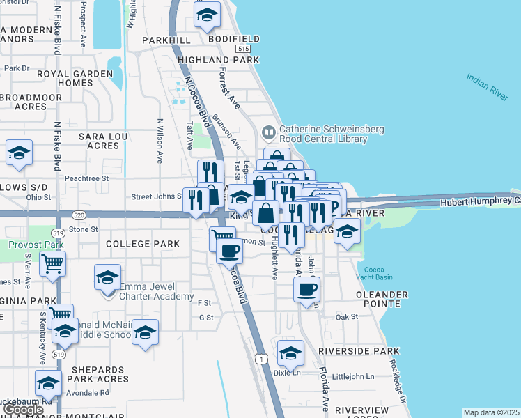 map of restaurants, bars, coffee shops, grocery stores, and more near 340 King Street in Cocoa