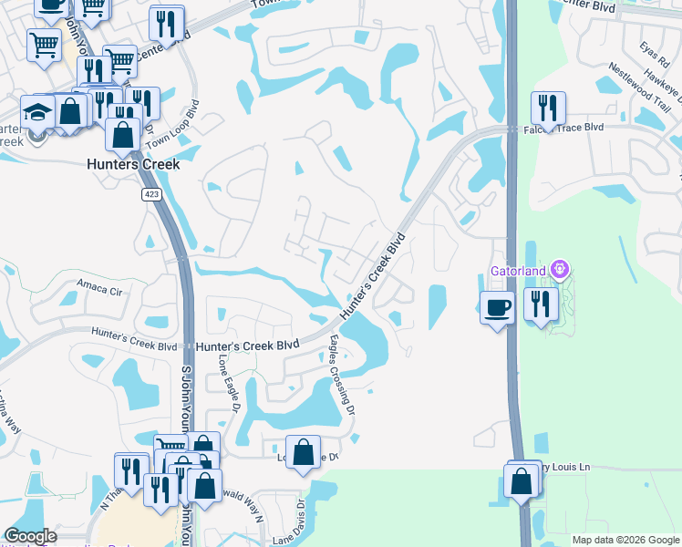 map of restaurants, bars, coffee shops, grocery stores, and more near 14550 Mandolin Drive in Orlando