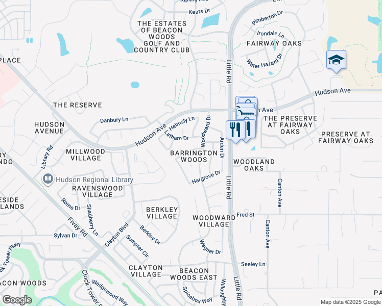 map of restaurants, bars, coffee shops, grocery stores, and more near 8800 Cadhay Drive in Hudson