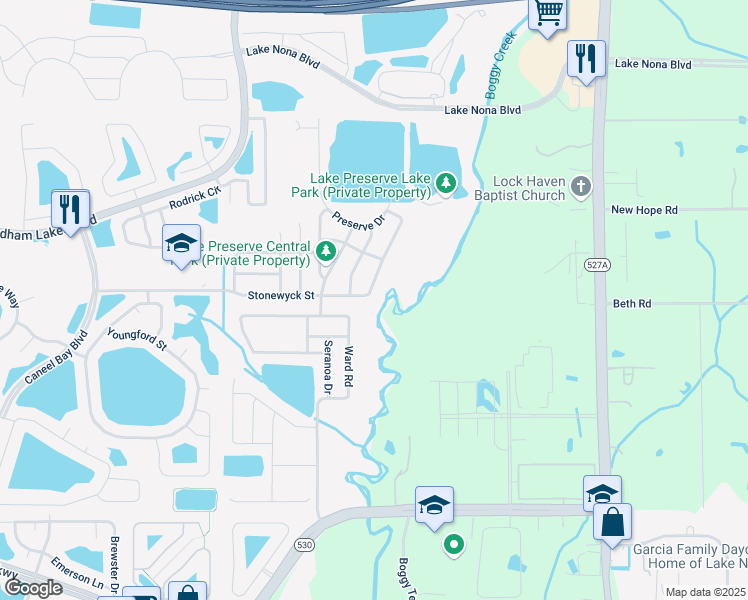 map of restaurants, bars, coffee shops, grocery stores, and more near 3324 Stonewyck Street in Orlando