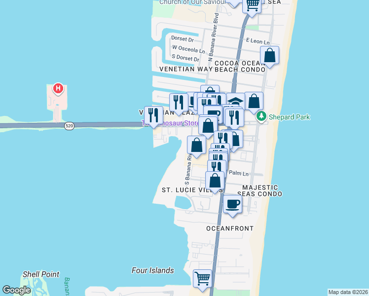 map of restaurants, bars, coffee shops, grocery stores, and more near 3873 South Banana River Boulevard in Cocoa Beach