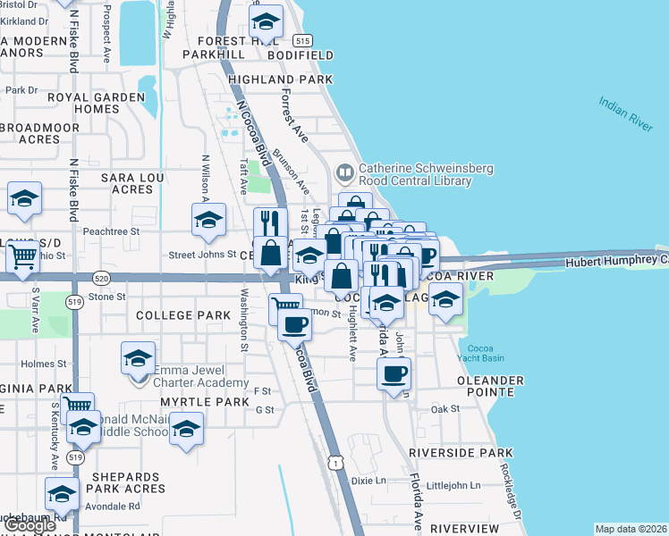 map of restaurants, bars, coffee shops, grocery stores, and more near 340 King Street in Cocoa