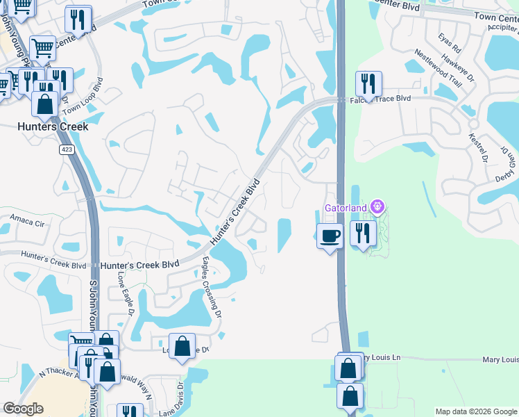 map of restaurants, bars, coffee shops, grocery stores, and more near 14639 Musket Fire Lane in Orlando