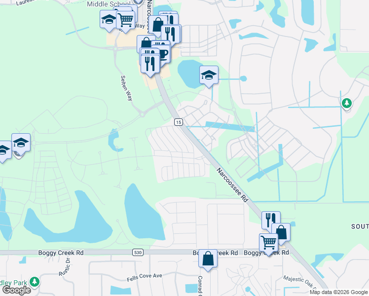 map of restaurants, bars, coffee shops, grocery stores, and more near Narcoossee Road in Orlando