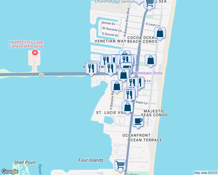 map of restaurants, bars, coffee shops, grocery stores, and more near 3873 South Banana River Boulevard in Cocoa Beach