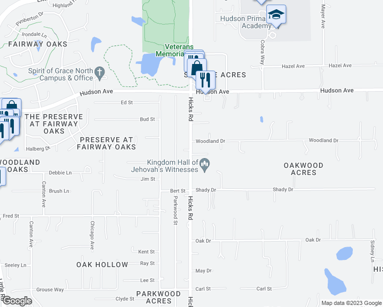 map of restaurants, bars, coffee shops, grocery stores, and more near 10026 Lyons Lane in Hudson