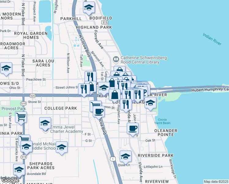 map of restaurants, bars, coffee shops, grocery stores, and more near 340 King Street in Cocoa