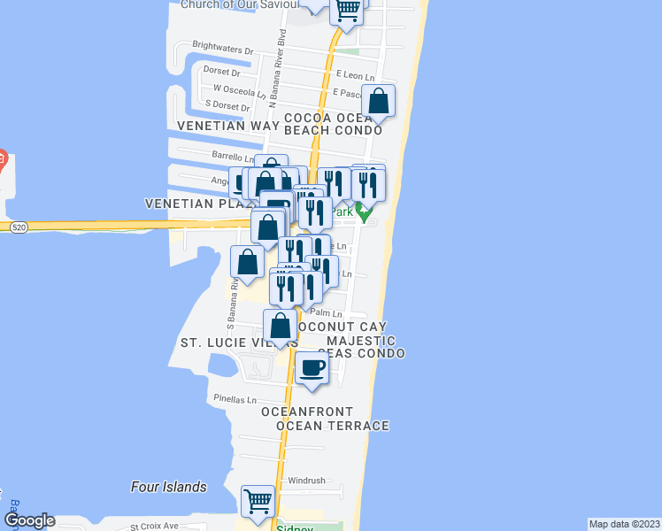 map of restaurants, bars, coffee shops, grocery stores, and more near 128 Marion Lane in Cocoa Beach