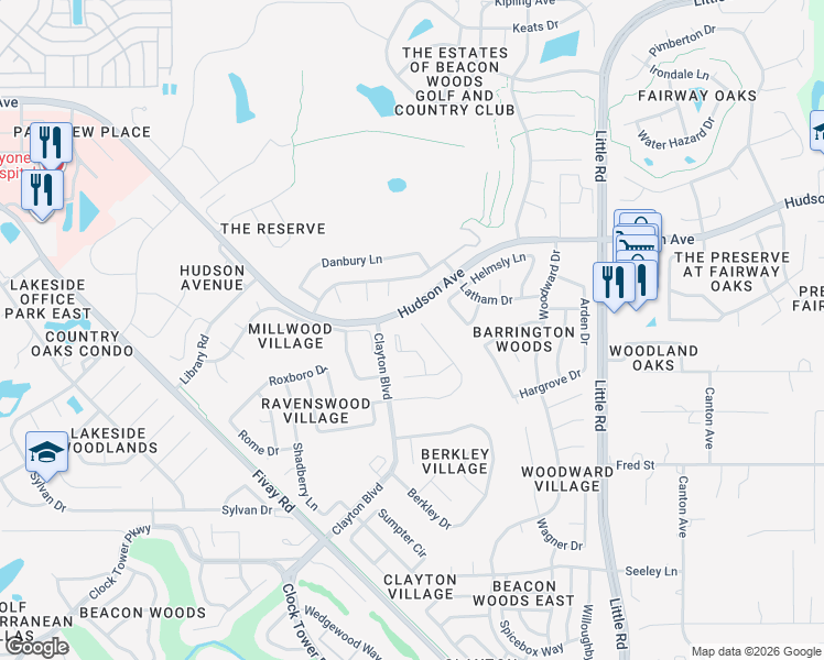 map of restaurants, bars, coffee shops, grocery stores, and more near 8723 Ashbury Drive in Hudson