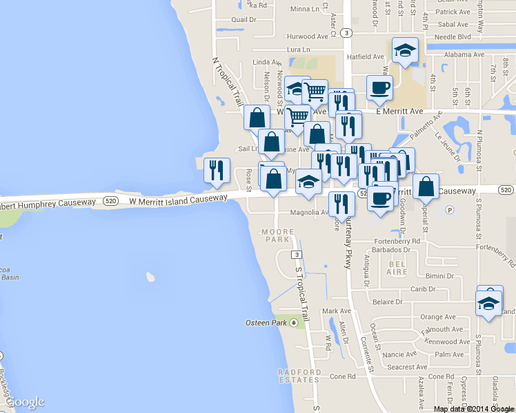 map of restaurants, bars, coffee shops, grocery stores, and more near 446 Magnolia Avenue in Merritt Island