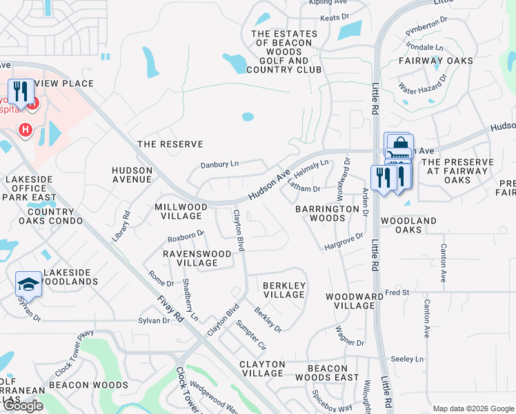 map of restaurants, bars, coffee shops, grocery stores, and more near 8723 Ashbury Drive in Hudson