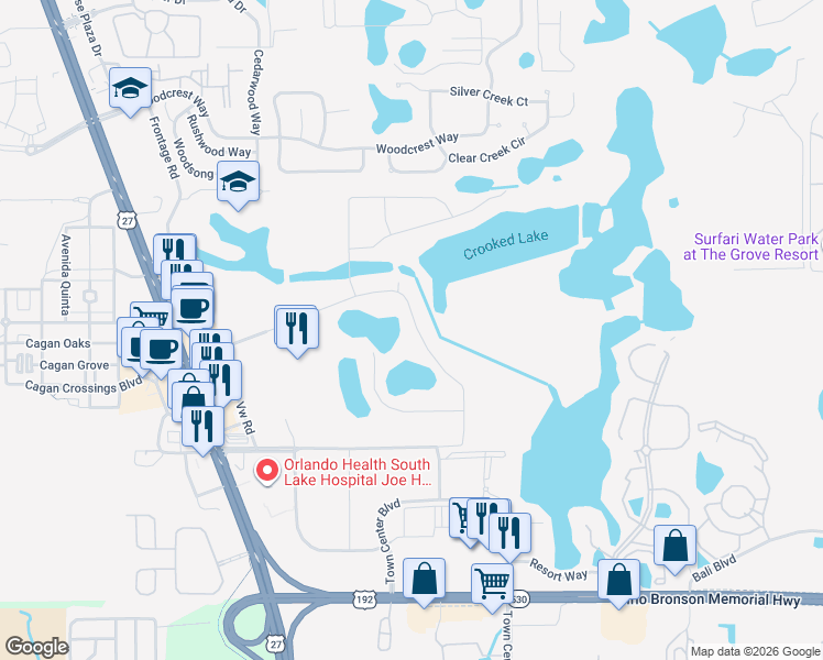 map of restaurants, bars, coffee shops, grocery stores, and more near 17256 Cagan Crossings Boulevard in Clermont