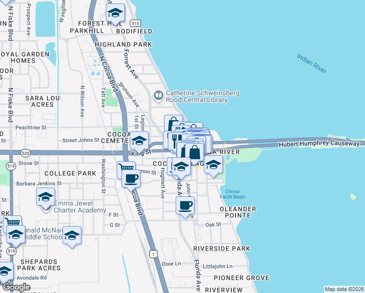 map of restaurants, bars, coffee shops, grocery stores, and more near 220 King Street in Cocoa