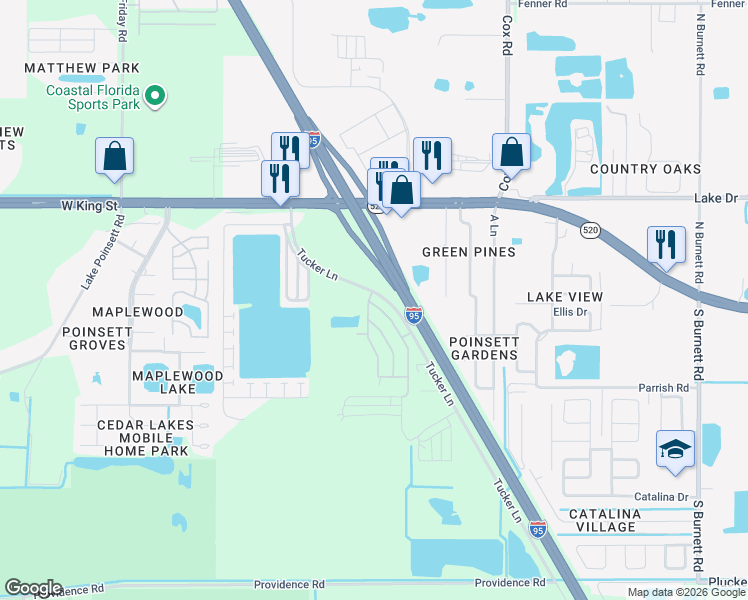 map of restaurants, bars, coffee shops, grocery stores, and more near 208 Flamingo Road in Cocoa