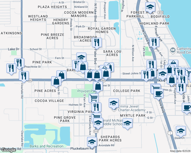 map of restaurants, bars, coffee shops, grocery stores, and more near 922 West King Street in Cocoa