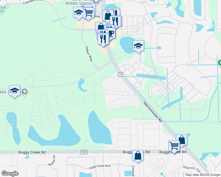 map of restaurants, bars, coffee shops, grocery stores, and more near Narcoossee Road in Orlando