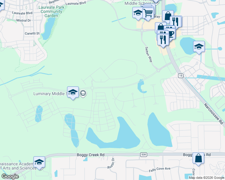 map of restaurants, bars, coffee shops, grocery stores, and more near Boggy Creek Road in Kissimmee