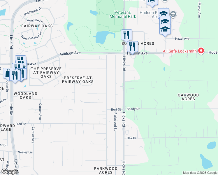map of restaurants, bars, coffee shops, grocery stores, and more near 13635 Parkwood Street in Hudson