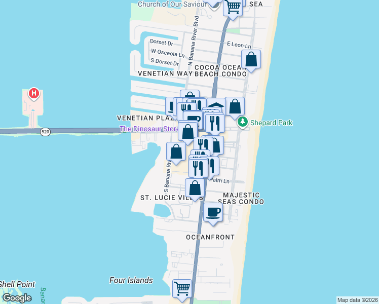 map of restaurants, bars, coffee shops, grocery stores, and more near 140 Canaveral Plaza Boulevard in Cocoa Beach