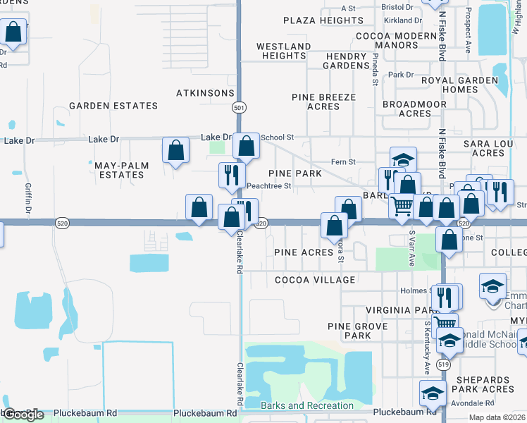 map of restaurants, bars, coffee shops, grocery stores, and more near 1440 West King Street in Cocoa