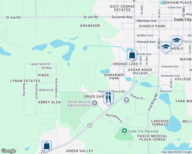 map of restaurants, bars, coffee shops, grocery stores, and more near 36503 Thomas Jefferson Road in Dade City