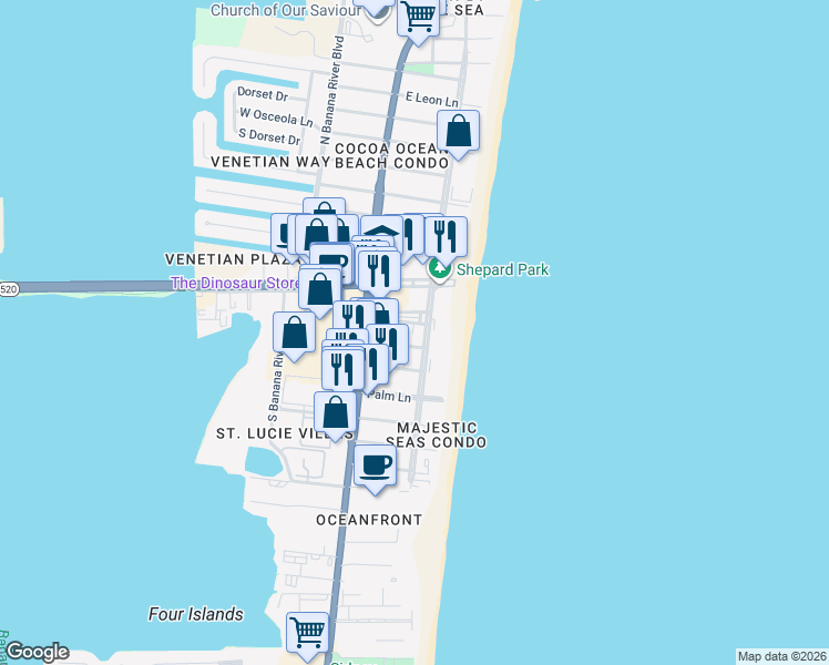 map of restaurants, bars, coffee shops, grocery stores, and more near 128 Marion Lane in Cocoa Beach