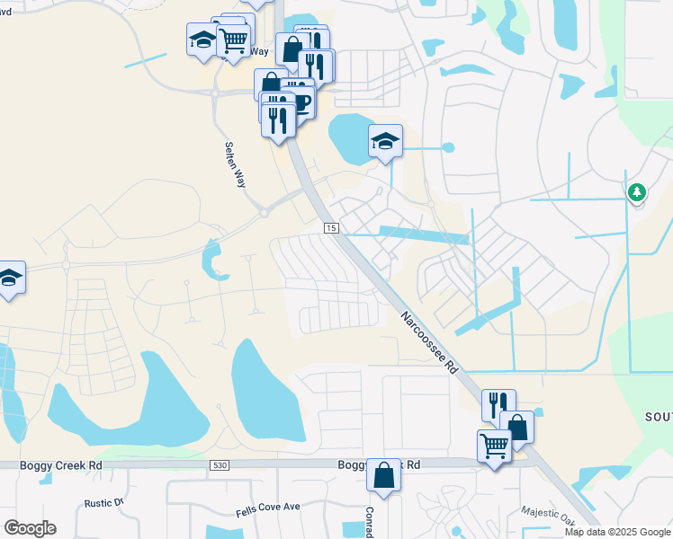map of restaurants, bars, coffee shops, grocery stores, and more near Narcoossee Road in Orlando