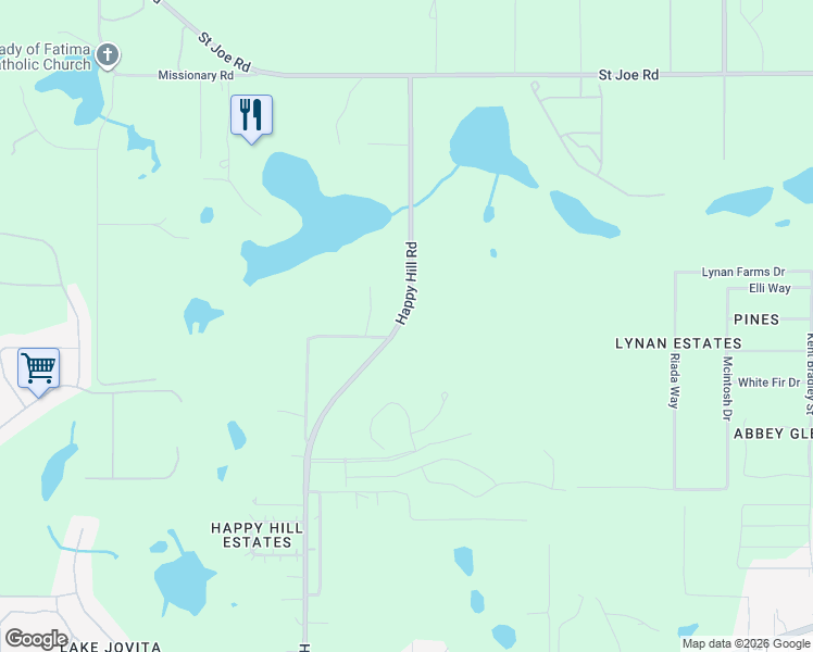 map of restaurants, bars, coffee shops, grocery stores, and more near 13624 Happy Hill Road in Dade City