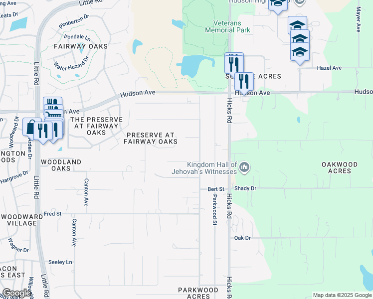 map of restaurants, bars, coffee shops, grocery stores, and more near 13635 Litewood Drive in Hudson