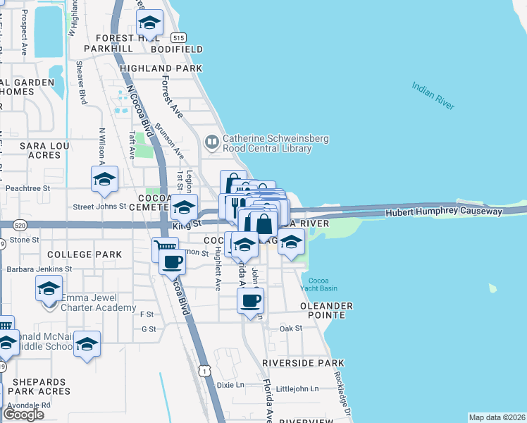 map of restaurants, bars, coffee shops, grocery stores, and more near 97 Brevard Avenue in Cocoa