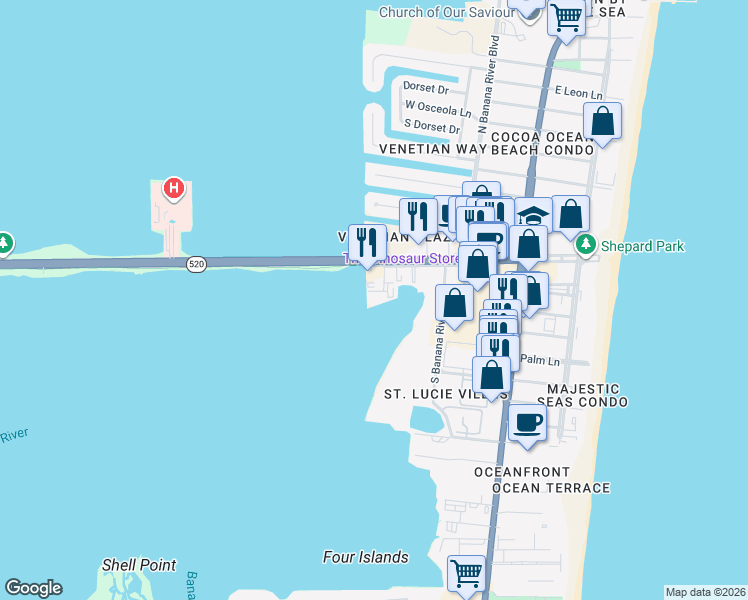 map of restaurants, bars, coffee shops, grocery stores, and more near 4125 West End Road in Cocoa Beach