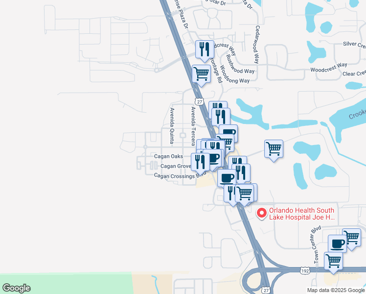 map of restaurants, bars, coffee shops, grocery stores, and more near 700 Avenida Cuarta in Clermont