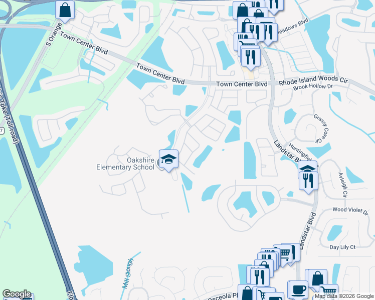 map of restaurants, bars, coffee shops, grocery stores, and more near 14418 Jasmine Glen Drive in Orlando
