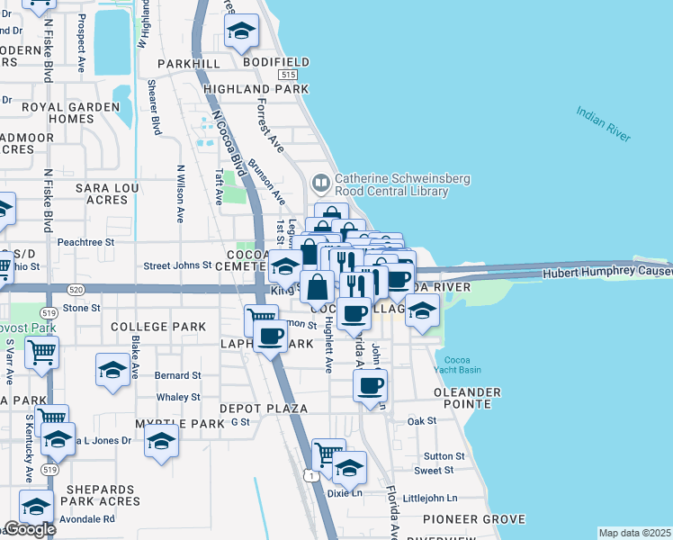 map of restaurants, bars, coffee shops, grocery stores, and more near 26 Forrest Avenue in Cocoa